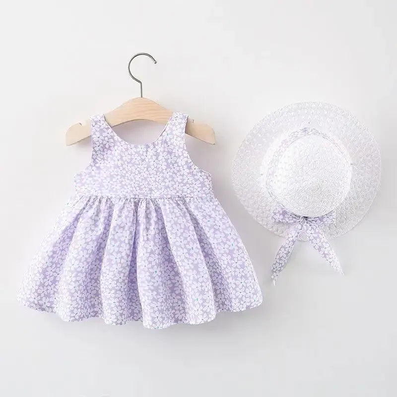 Summer Clothes Baby Girl Beach Dresses Casual Fashion Print Cute Bow Flower Princess Dress With Sunhat Newborn Clothing Set