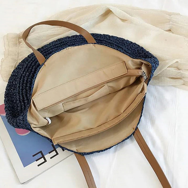 2022 Large Capacity Round Zipper Fashionable Straw Woven Bag Handmade Summer Beach Travel Holiday Women Bags