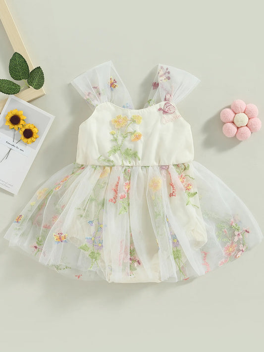 Baby Girl Floral Embroidered Romper Dress with Mesh Tutu Tulle Skirt - Adorable Sleeveless Infant Outfit for Summer