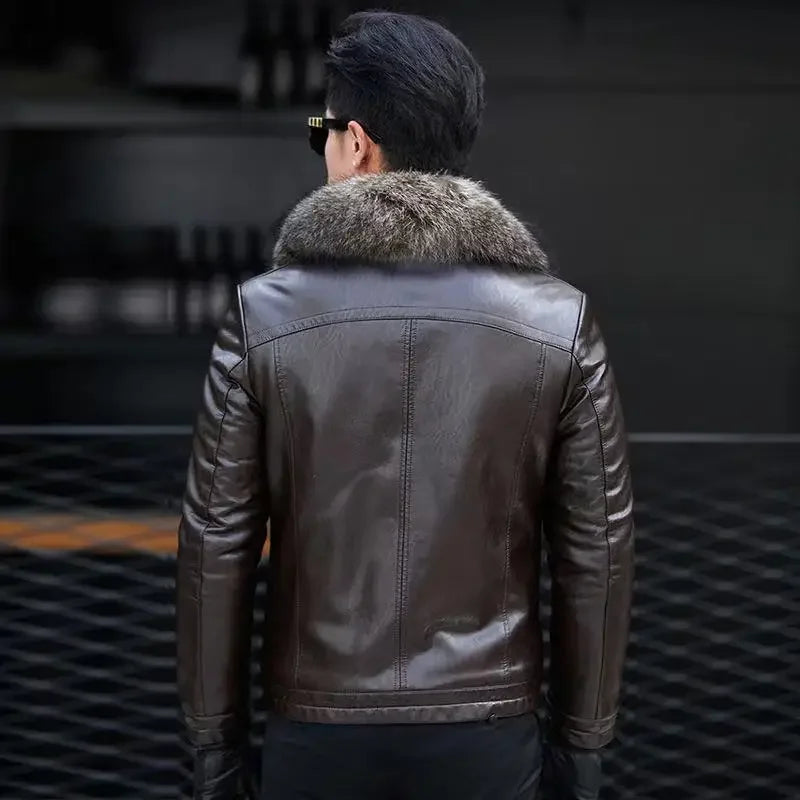 Men's Fur Coat Collar Detachable Fashionable Thickened Winter Leather Jacket Male Warm Overcoat