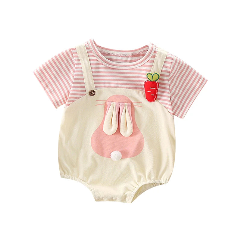 Baby Girls Romper, Short Sleeve Crew Neck Striped Bunny Ears False 2-piece Patchwork Infant Bodysuit Easter Clothes