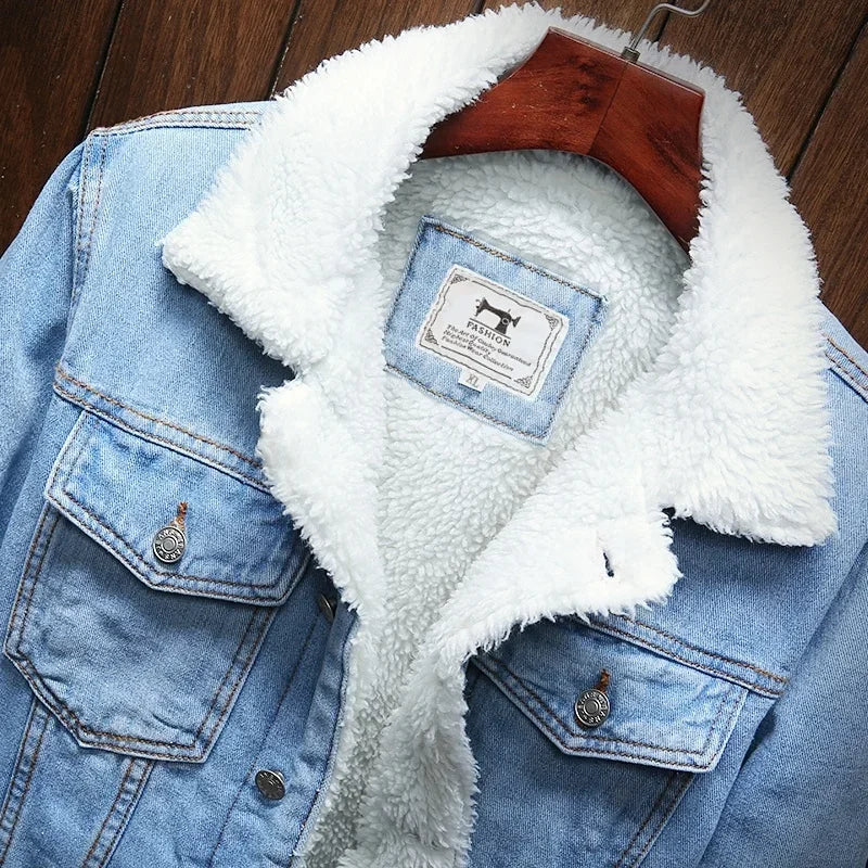 New Men Light Blue Winter Jean Jackets Outerwear Warm Denim Coats New Men Large Size Wool Liner Thicker Winter Denim Jackets