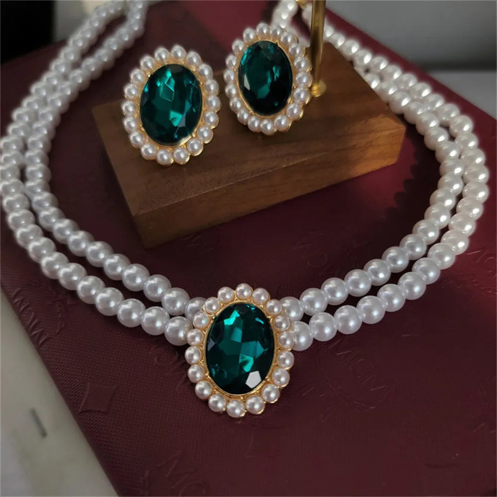Vintage Double Layer Pearl Necklace Emerald Pearl Earrings Choker Women Elegant Clavicle Chain Banquet Party Fashion Accessories