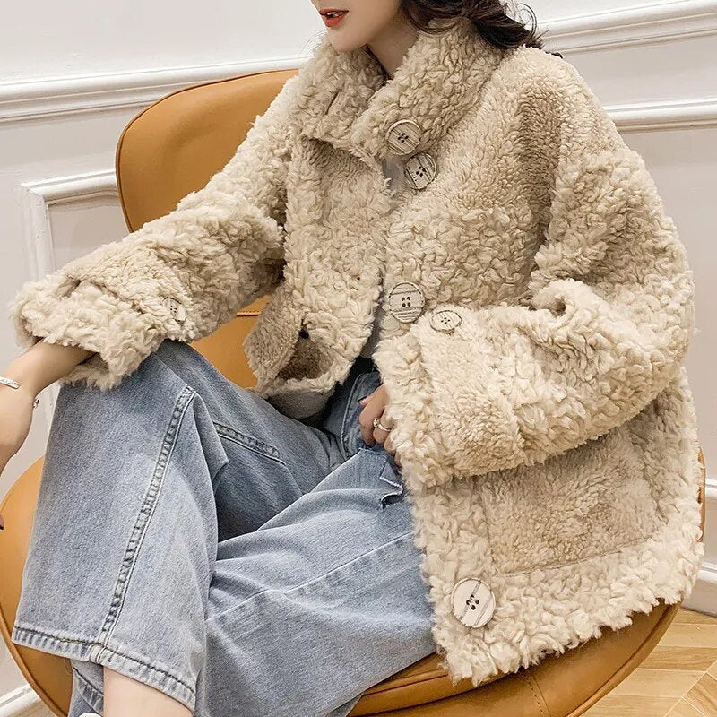 FURYOUME Autumn Winter Women Real Fur Coat 100% Wool Jacket Turn-down Collar Thick Warm Outerwear Fashion Luxury Streetwear
