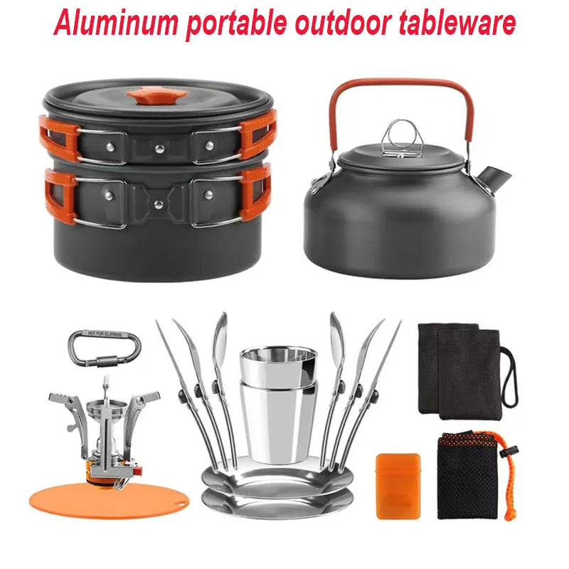 Portable Outdoor Tableware Cookset Cooking Kit Pan Bowl Kettle Pot Hiking BBQ Picnic