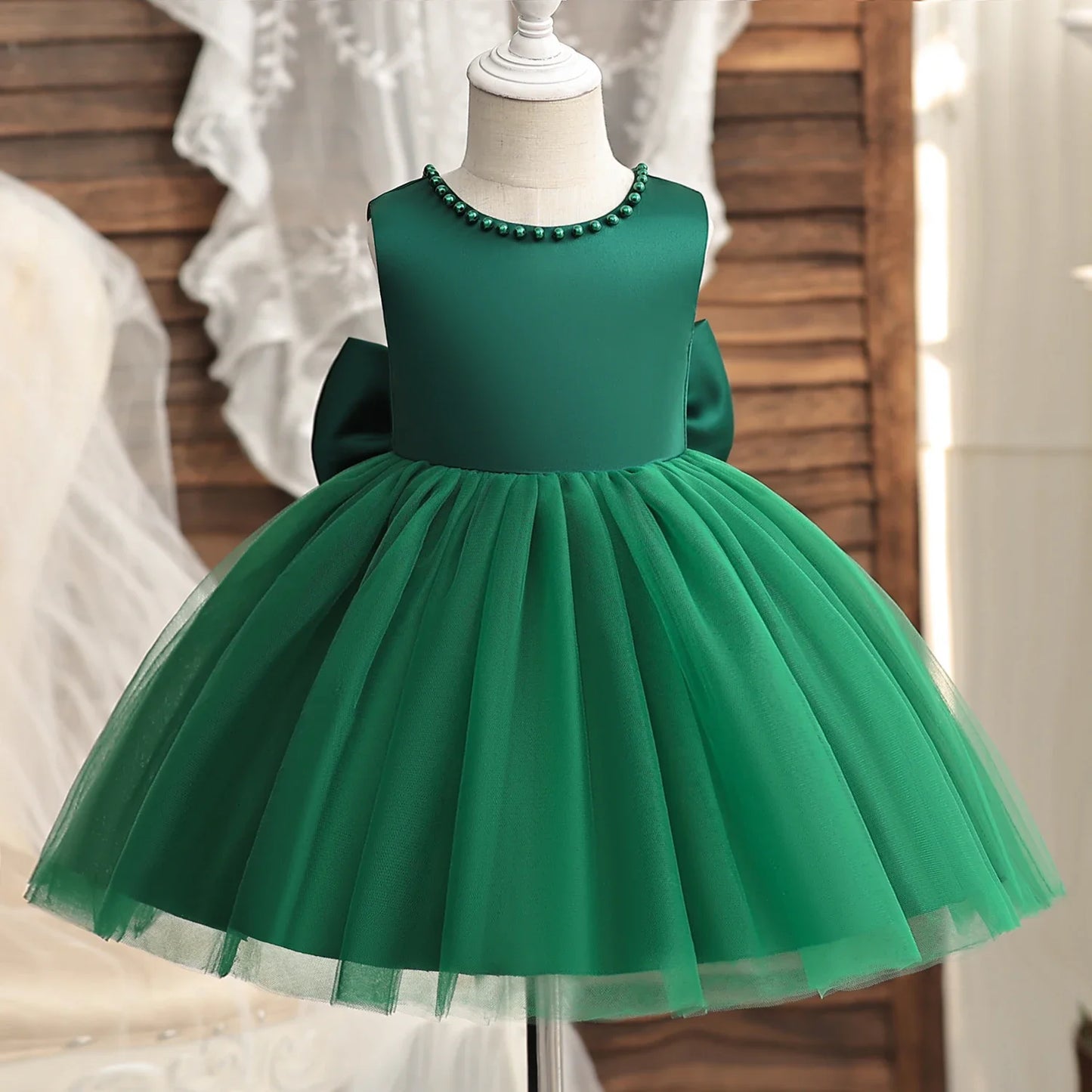 2024 Infant Baby Baptism Dress For Girls Kids Wedding Party Dresses Bow Beaded Tulle Christening Gown Birthday Children Clothes.