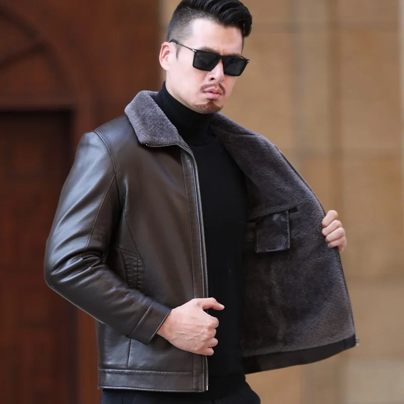 ZDT-8041 Men's Spring And Autumn New Leather Jacket Thickened Fur One Casual Velvet Warm Lapel Sheepskin Jacket Winter