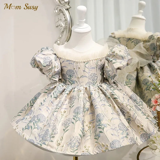 Baby Girl Princess Pearl Beading Lace Silk Dress Short Puff Sleeve Child Vintage Big Bow Vestido Party Pageant Birthday 1-14Y