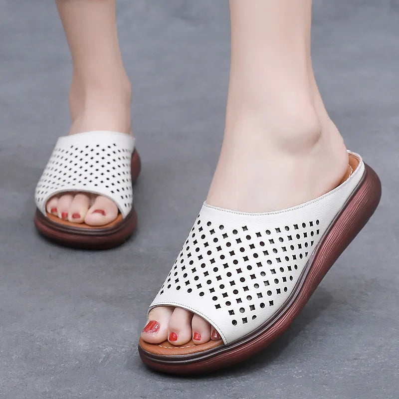 Women Genuine Leather Open Toe Wedge Sandals Women Thick Sole Slides Zapatillas Mujer