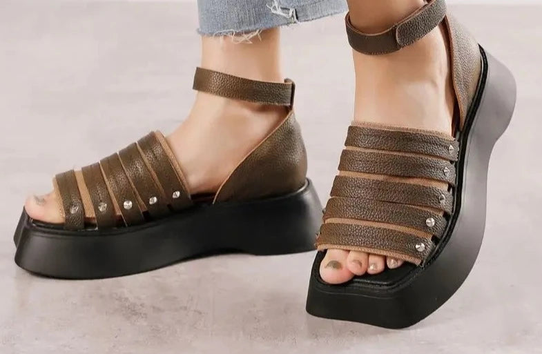 Leather Retro Women Shoes Summer Sandals 2024 New Hook & Loop Handmade Concise Leisure Platform Sandals