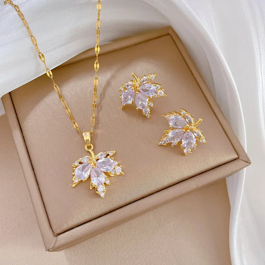 Delicate Micro-inlaid Romantic White Maple Leaf Necklace Earrings Set Classic Personality Party Temperament Jewelry