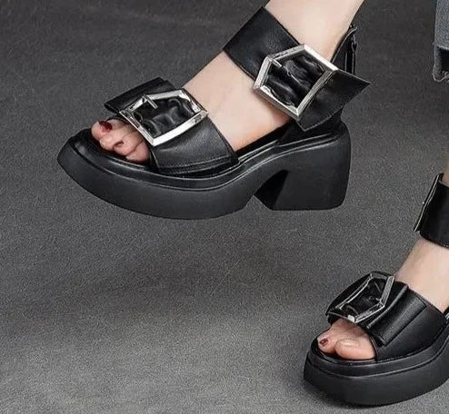 Ankle Strap Summer Fashion Women Sandals Open Toe Platform Shoes High Thick Heels Female Black Unique Party Shoes 35-40