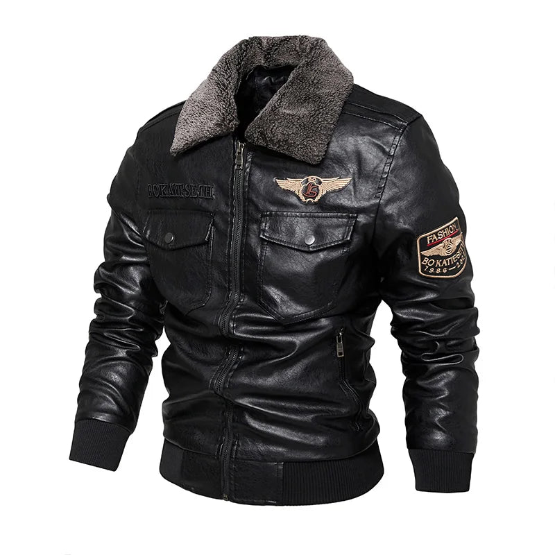 Men's Fleece PU Leather Jacket Patchwork Biker Jackets Casual Zipper Coat Male Motorcycle Jacket Slim Fit Fur Lined Outwear Coat