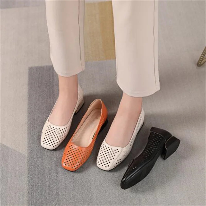 genuine Leather Sandals Women Low Heels Shoes 2024 Spring Summer Square Toe Soft Sole Women's Fashion Shoes Big Size