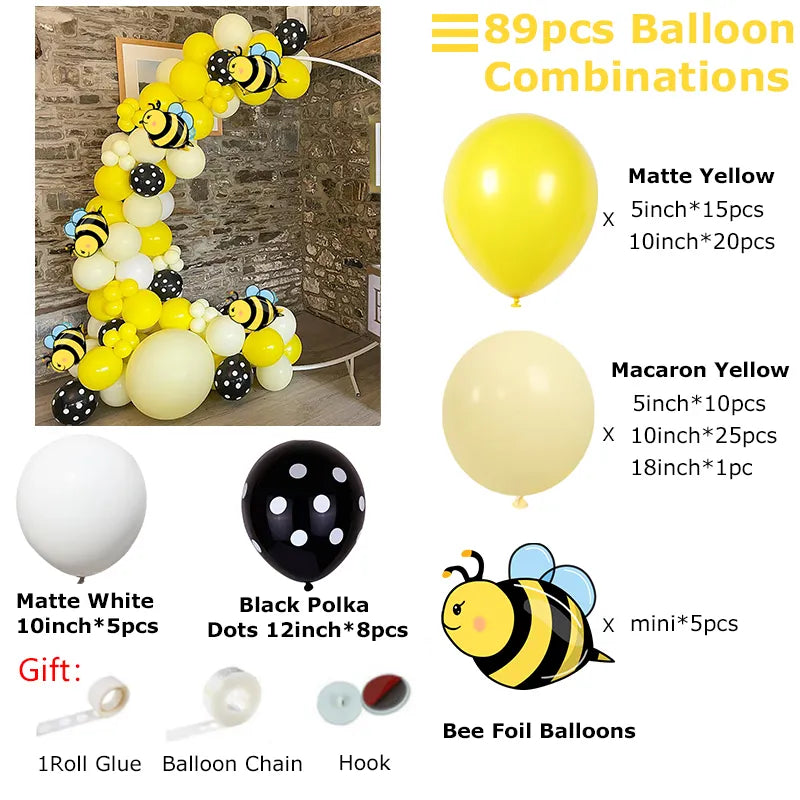 89pcs Mini Bee Foil Balloon Arch Garland Kit Black Polka Dots Yellow Balloon Gender Reveal Baptism Baby Shower Party Decoration