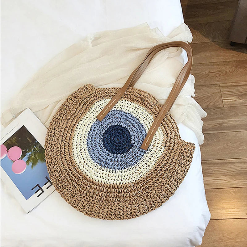 2022 Large Capacity Round Zipper Fashionable Straw Woven Bag Handmade Summer Beach Travel Holiday Women Bags