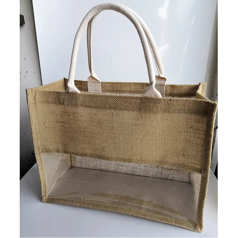 100pcs Customized Logo Jute Tote Bags with Transparent Clear  PVC, Reusable Wear-resistant Beach Handbags Premium Hessian Bags