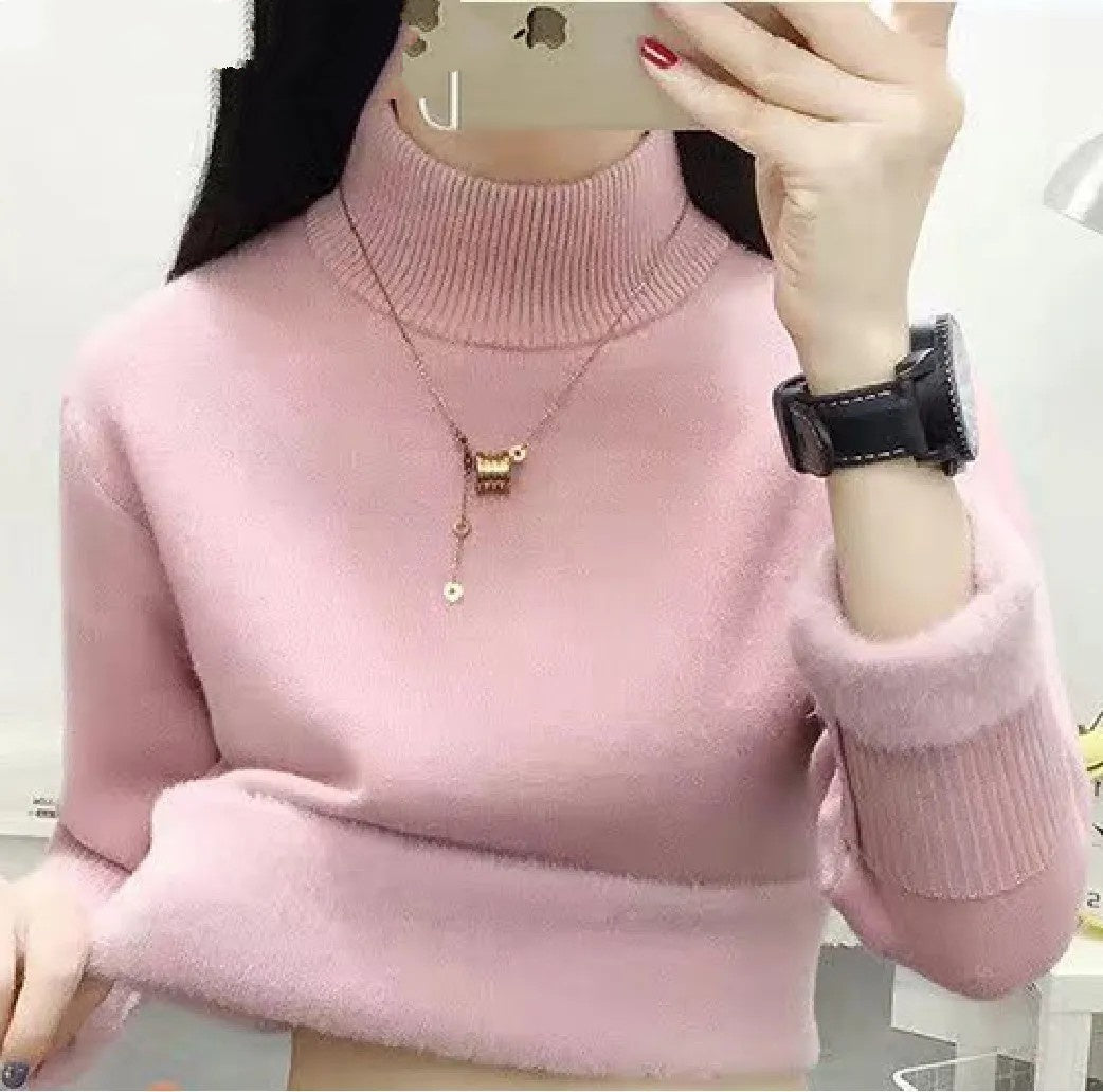 Turtleneck Winter Sweater Women Elegant Thicken Velvet Lined Warm Sueter Knitted Pullover Slim Tops Jersey Knitwear Jumper New