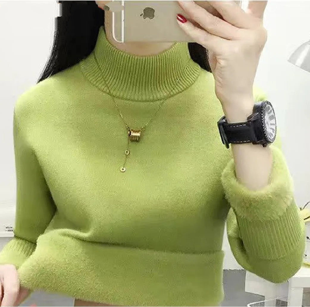 Turtleneck Winter Sweater Women Elegant Thicken Velvet Lined Warm Sueter Knitted Pullover Slim Tops Jersey Knitwear Jumper New