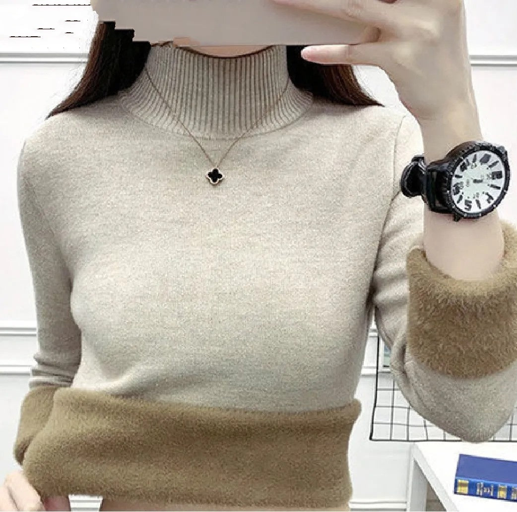 Turtleneck Winter Sweater Women Elegant Thicken Velvet Lined Warm Sueter Knitted Pullover Slim Tops Jersey Knitwear Jumper New